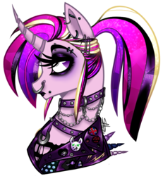 Size: 865x936 | Tagged: safe, artist:shimmering--sunlight, princess cadance, pony, g4, black lipstick, chains, collar, ear piercing, earring, eyebrow piercing, eyeshadow, female, jewelry, licorn, lipstick, makeup, mare, nose piercing, nose ring, piercing, ponytail, profile, punk, simple background, solo, transparent background
