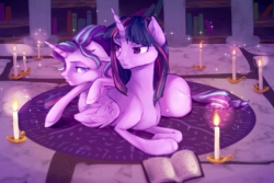 Size: 900x600 | Tagged: safe, artist:eiwly, starlight glimmer, twilight sparkle, alicorn, pony, unicorn, g4, book, candle, carpet, duo, female, looking at each other, lying down, mare, pony pile, tired, twilight sparkle (alicorn)