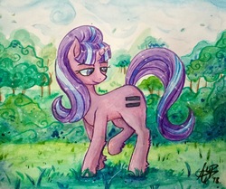 Size: 2816x2349 | Tagged: safe, artist:acquanima, starlight glimmer, pony, unicorn, g4, equal cutie mark, female, forest, high res, looking down, smiling, solo, traditional art, watercolor painting