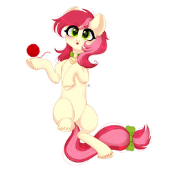 Size: 1600x1600 | Tagged: safe, artist:ai, roseluck, earth pony, pony, behaving like a cat, blushing, bow, chest fluff, collar, commissioner:doom9454, cute, ear fluff, female, fluffy, hoof fluff, lying, lying down, mare, on back, pet tag, pony pet, rosepet, simple background, solo, tail bow, tongue out, unshorn fetlocks, white background, yarn, yarn ball