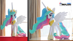 Size: 6144x3456 | Tagged: safe, artist:nekokevin, princess celestia, alicorn, pony, g4, female, irl, jewelry, looking at you, mare, photo, plushie, regalia, solo, spread wings, wings