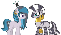 Size: 1280x732 | Tagged: safe, artist:crystalponyart7669, zecora, oc, oc:divine magic, pony, zebra, g4, base used, blank flank, ear piercing, earring, female, interspecies offspring, jewelry, magical lesbian spawn, mare, missing cutie mark, mother and daughter, offspring, parent:queen chrysalis, parent:zecora, parents:zecoralis, piercing, simple background, transparent background