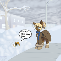 Size: 2000x2000 | Tagged: safe, artist:silverfox057, oc, oc only, oc:silverblaze, oc:twix, earth pony, pony, boots, building, clothes, coat, cold, dialogue, female, freezing, high res, lamppost, male, mare, scarf, shivering, shoes, snow, speech bubble, stallion, tree