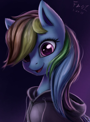 Size: 2300x3100 | Tagged: safe, artist:foughtdragon01, rainbow dash, pegasus, pony, g4, bangs, bust, cheek fluff, clothes, cute, dashabetes, female, high res, hoodie, looking at you, open mouth, portrait, smiling, solo