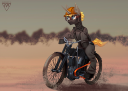 Size: 1265x900 | Tagged: safe, artist:margony, oc, oc only, oc:lee enfield, pony, unicorn, bipedal, commission, desert, goggles, helmet, male, motorcycle, solo, stallion
