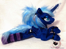 Size: 2048x1536 | Tagged: safe, artist:legadema, princess luna, alicorn, pony, g4, choker, clothes, ear piercing, earring, fangs, female, folded wings, goth, irl, jewelry, lidded eyes, mare, missing accessory, photo, piercing, plushie, ponytail, prone, socks, solo, spiked choker, spiked wristband, striped socks, wing piercing, wristband