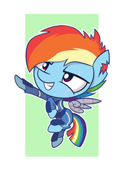 Size: 540x764 | Tagged: safe, artist:dori-to, rainbow dash, pegasus, pony, g4, the cutie re-mark, alternate timeline, amputee, apocalypse dash, augmented, chibi, crystal war timeline, female, floating wings, prosthetic limb, prosthetic wing, prosthetics, scar, simple background, smiling, solo, torn ear