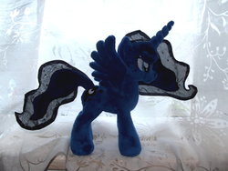 Size: 1024x768 | Tagged: safe, artist:catyblackcat, princess luna, alicorn, pony, g4, female, irl, mare, missing accessory, photo, plushie, solo, spread wings, wings