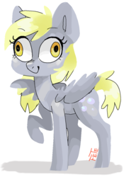 Size: 750x1072 | Tagged: safe, artist:fetepony, derpy hooves, pegasus, pony, g4, explicit description, female, mare, raised hoof, simple background, smiling, solo, white background