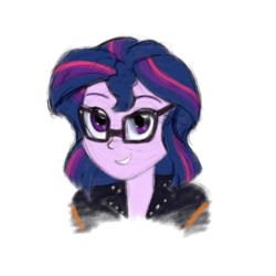 Size: 2560x2560 | Tagged: safe, artist:cybersquirrel, sci-twi, twilight sparkle, equestria girls, g4, alternate hairstyle, bust, clothes, clothes swap, colored sketch, glasses, hairstyle swap, high res, implied lesbian, implied scitwishimmer, implied shipping, jacket, leather jacket, simple background, smiling, white background
