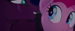 Size: 1920x804 | Tagged: safe, screencap, fizzlepop berrytwist, pinkie pie, tempest shadow, earth pony, pony, unicorn, g4, my little pony: the movie, close-up, confession, duo, eye scar, female, mare, scar, whispering