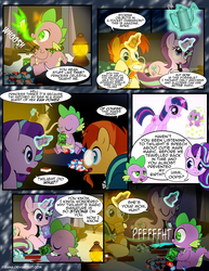 Size: 1275x1650 | Tagged: safe, artist:dsana, spike, starlight glimmer, sunburst, trixie, twilight sparkle, dragon, pony, unicorn, comic:the shadow shard, g4, baby, baby spike, card game, comic, dialogue, egg, eyes closed, female, filly, filly twilight sparkle, fire, firebreathing, fireplace, gem, glowing horn, horn, lamp, magic, male, mare, prone, speech bubble, spit take, stallion, teapot, younger