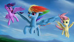 Size: 1920x1080 | Tagged: safe, artist:robin jacks, fluttershy, rainbow dash, twilight sparkle, alicorn, pegasus, pony, g4, female, flying, mare, sky, smiling, spread wings, trio, twilight sparkle (alicorn), windswept mane, wings