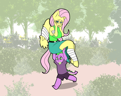 Size: 3129x2480 | Tagged: safe, artist:franschesco, fluttershy, spike, dragon, anthro, unguligrade anthro, g4, bandage, belt, big breasts, breasts, busty fluttershy, carrying, clothes, female, forest, high res, injured, mare, shirt, shorts, side slit, skirt, smiling, tree