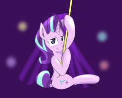 Size: 1500x1200 | Tagged: safe, artist:yinglung, edit, starlight glimmer, pony, unicorn, g4, butt, cropped, female, funny, looking at you, mare, plot, pole dancing, purple background, searchlight, simple background, smiling, smiling at you, smirk, solo, stripper pole, there is no wrong way to fantasize