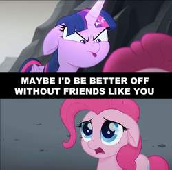 Size: 960x954 | Tagged: safe, edit, screencap, pinkie pie, twilight sparkle, alicorn, earth pony, pony, g4, my little pony: the movie, abuse, angry, basalt beach, derail in the comments, female, floppy ears, image macro, meme, pinkiebuse, roleplay in the comments, sad, savage, twilight sparkle (alicorn)