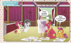 Size: 781x470 | Tagged: safe, apple bloom, big macintosh, scootaloo, sweetie belle, g4, cropped, cutie mark crusaders, magazine scan, speech bubble