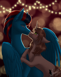 Size: 3000x3726 | Tagged: safe, artist:aqualit, oc, oc only, oc:andrew swiftwing, oc:clouded wisp, pegasus, pony, unicorn, anded, boop, duo, eye contact, female, happy, high res, hug, looking at each other, male, noseboop, shipping, simple background, straight, winghug