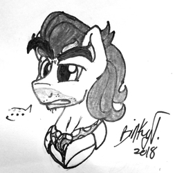 Size: 1766x1766 | Tagged: safe, artist:binkyt11, doctor caballeron, earth pony, pony, g4, ..., bust, male, monochrome, neckerchief, portrait, signature, solo, stallion, stubble, traditional art