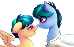 Size: 3000x1900 | Tagged: safe, artist:xrei, oc, oc only, oc:apogee, oc:delta vee, pegasus, pony, age difference, blushing, clothes, eye contact, female, filly, freckles, incest, lesbian, looking at each other, mare, mother and daughter, shipping, side view, spread wings, wingboner, wings