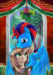 Size: 3508x4951 | Tagged: safe, artist:ask-colorsound, oc, oc only, oc:andrew swiftwing, oc:clouded wisp, pegasus, pony, unicorn, absurd resolution, anded, clothes, duo, eye contact, female, floppy ears, happy, holding hooves, holly, holly mistaken for mistletoe, hug, looking at each other, male, scarf, shipping, winghug