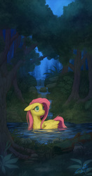 Size: 1500x2854 | Tagged: safe, artist:1jaz, fluttershy, duck pony, firefly (insect), pegasus, pony, g4, bathing, female, floppy ears, flutterduck, forest, mare, night, outdoors, river, solo, swimming, water, waterfall