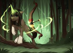 Size: 1315x956 | Tagged: safe, alternate version, artist:empaws, oc, oc only, oc:clouded wisp, pony, unicorn, arrow, bow (weapon), female, floppy ears, forest, glowing horn, hood, horn, looking at you, magic, magic glow, raised hoof, solo