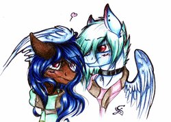 Size: 1024x729 | Tagged: safe, artist:scootiegp, oc, oc only, oc:blue, oc:greeny, pegasus, pony, blushing, bust, choker, clothes, ear piercing, earring, female, heart, jewelry, looking at each other, male, mare, necklace, pentagram, piercing, portrait, scarf, signature, simple background, smiling, stallion, white background