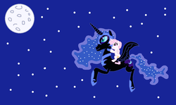 Size: 940x560 | Tagged: safe, artist:watermelon changeling, derpibooru exclusive, nightmare moon, princess celestia, alicorn, pony, g4, cewestia, female, filly, flying, moon, ms paint, night, pink-mane celestia, ponies riding ponies, riding, younger