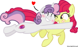 Size: 844x513 | Tagged: safe, artist:thatonefluffs, apple bloom, sweetie belle, earth pony, pony, unicorn, g4, blushing, female, glomp, lesbian, mare, older, ship:sweetiebloom, shipping, simple background, transparent background