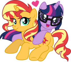 Size: 1140x1000 | Tagged: safe, artist:cloudy glow, sci-twi, sunset shimmer, twilight sparkle, pony, unicorn, equestria girls, g4, equestria girls ponified, female, glasses, heart, lesbian, looking at you, mare, ponified, prone, ship:sci-twishimmer, ship:sunsetsparkle, shipping, simple background, smiling, transparent background, unicorn sci-twi