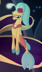 Size: 332x571 | Tagged: safe, screencap, princess skystar, seapony (g4), g4, my little pony: the movie, blue eyes, blue mane, blue tail, bubble, clothes, crepuscular rays, cropped, cute, disappointed, dorsal fin, female, fin, fin wings, fins, fish tail, floppy ears, flower, flower in hair, flowing mane, flowing tail, glowing, jewelry, laughing, necklace, ocean, pearl necklace, regalia, scales, seaquestria, seashell necklace, see-through, skyabetes, smiling, solo, swimming, tail, throne, throne room, unamused, underwater, water, wings