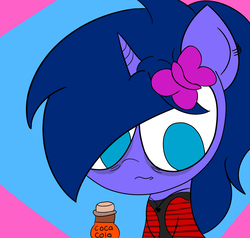 Size: 2000x1900 | Tagged: safe, artist:tecatito, derpibooru exclusive, oc, oc only, oc:romina, pony, unicorn, bags under eyes, coca-cola, female, hair over one eye, mare, solo