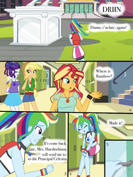 Size: 768x1024 | Tagged: safe, artist:ilaria122, applejack, rainbow dash, rarity, sunset shimmer, comic:a mysterious rival, equestria girls, g4, geode of empathy, geode of shielding, geode of super speed, geode of super strength, magical geodes