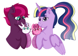 Size: 3473x2502 | Tagged: safe, artist:magsalis, fizzlepop berrytwist, tempest shadow, twilight sparkle, oc, alicorn, pegasus, pony, unicorn, g4, my little pony: the movie, family, female, foal, high res, hoof hold, lesbian, magical lesbian spawn, mare, offspring, parent:tempest shadow, parent:twilight sparkle, parents:tempestlight, rainbow power, ship:tempestlight, shipping, smiling, twilight sparkle (alicorn)