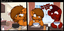 Size: 3056x1505 | Tagged: safe, artist:marsminer, oc, oc only, oc:mars miner, oc:venus spring, earth pony, pony, unicorn, 2 panel comic, bowl, breakfast, comic, cup, cupboard, curtains, dining room, duo, female, food, kitchen, mare, milk, pot, salt shaker, smiling, snow, soup, stove, that pony sure does love soup, venus spring actually having a pretty good time, winter