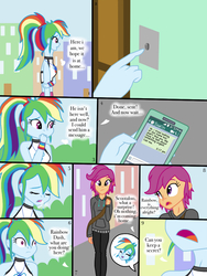Size: 768x1024 | Tagged: safe, artist:ilaria122, rainbow dash, scootaloo, comic:a mysterious rival, equestria girls, g4, geode of super speed, implied shipping, implied soarin', implied soarindash, implied straight, magical geodes