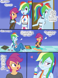 Size: 768x1024 | Tagged: safe, artist:ilaria122, rainbow dash, scootaloo, comic:a mysterious rival, equestria girls, g4, geode of super speed, implied shipping, implied soarindash, implied straight, magical geodes