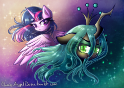 Size: 1414x1000 | Tagged: safe, artist:chaosangeldesu, queen chrysalis, twilight sparkle, alicorn, changeling, changeling queen, pony, g4, crown, female, horn, jewelry, looking at you, looking back, regalia, sparkles, twilight sparkle (alicorn), wings