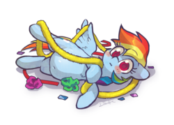 Size: 1616x1154 | Tagged: safe, artist:dawnfire, rainbow dash, pegasus, pony, g4, belly, belly button, blushing, chubby, cute, dashabetes, fat, female, holiday, mare, rainblob dash, silly, silly pony, solo, tangled up, tubby wubby pony waifu, wings