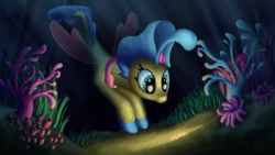 Size: 4096x2304 | Tagged: safe, artist:nightpaint12, princess skystar, seapony (g4), g4, my little pony: the movie, bioluminescent, blue eyes, blue mane, blue tail, bubble, coral, crepuscular rays, cute, digital art, dorsal fin, female, fin, fin wings, fins, fish tail, floppy ears, flower, flower in hair, flowing mane, flowing tail, freckles, happy, high res, jewelry, necklace, open mouth, open smile, pearl necklace, scales, seashell, seaweed, shell, signature, smiling, solo, spread wings, sunlight, swimming, tail, teeth, underwater, wings