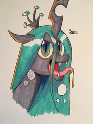 Size: 3024x4032 | Tagged: dead source, safe, artist:hypno, queen chrysalis, changeling, changeling queen, g4, female, looking at you, simple background, solo, tongue out, traditional art, white background
