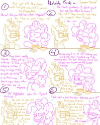 Size: 4779x6013 | Tagged: safe, artist:adorkabletwilightandfriends, moondancer, pinkie pie, twilight sparkle, earth pony, pony, unicorn, comic:adorkable twilight and friends, g4, absurd resolution, adorkable, adorkable friends, adorkable twilight, caught in a lie, comic, common, common thread, cute, dork, emotion, feelings, food, friends, friendship, glasses, lie, lineart, lying, nervous, nervous smile, slice of life, smiling, soup