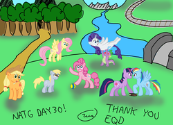 Size: 3504x2520 | Tagged: safe, artist:iconographi, applejack, derpy hooves, fluttershy, pinkie pie, rainbow dash, rarity, twilight sparkle, dragon, earth pony, pegasus, pony, unicorn, g4, ball, book, female, flying, heart eyes, high res, holding a pony, looking at you, male, mane six, mare, newbie artist training grounds, waving, wingding eyes