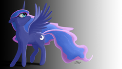 Size: 1920x1080 | Tagged: safe, artist:iconographi, princess luna, alicorn, pony, g4, female, floppy ears, gradient background, looking back, mare, signature, solo, spread wings, wings