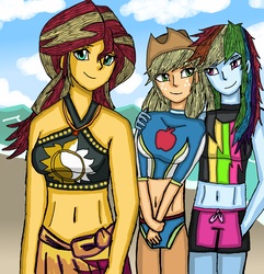 Size: 6500x6738 | Tagged: safe, artist:takrontoxicity, applejack, rainbow dash, sunset shimmer, equestria girls, equestria girls series, forgotten friendship, g4, absurd resolution, belly button, board shorts, clothes, midriff, sarong, swimsuit