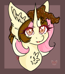 Size: 1121x1280 | Tagged: safe, artist:niniibear, pony, unicorn, brown, bust, chest fluff, chocolate, cute, fluffy, food, heart, heart eyes, pink, portrait, smiling, solo, sweet, wingding eyes