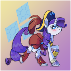 Size: 1200x1200 | Tagged: safe, artist:xenon, rarity, pony, unicorn, g4, my little pony: the movie, clothes, cloven hooves, cutie mark, cutie mark background, female, gradient background, hat, looking at you, mare, pirate, pirate hat, pirate rarity, solo, unshorn fetlocks