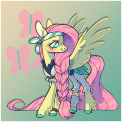 Size: 1200x1200 | Tagged: safe, artist:xenon, fluttershy, pegasus, pony, g4, my little pony: the movie, bandana, bloomers, braid, clothes, colored hooves, cutie mark, cutie mark background, female, gradient background, mare, pirate, pirate fluttershy, puffy sleeves, solo, unshorn fetlocks
