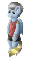 Size: 1584x3000 | Tagged: safe, artist:spirit-dude, oc, oc only, oc:clear skies, pony, arm hooves, clothes, commission, ear piercing, male, piercing, shorts, simple background, solo, transparent background